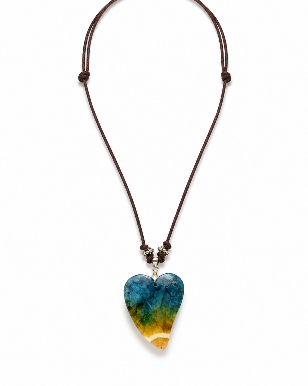 Blue and yellow with white agate heart 
Leather cortex 
Sterling silver 925