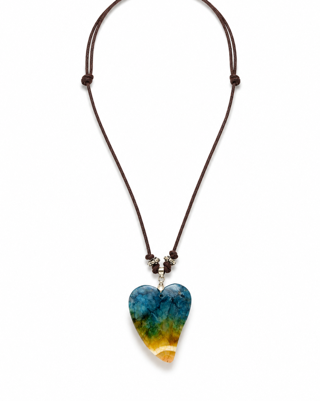 Blue and yellow with white agate heart 
Leather cortex 
Sterling silver 925