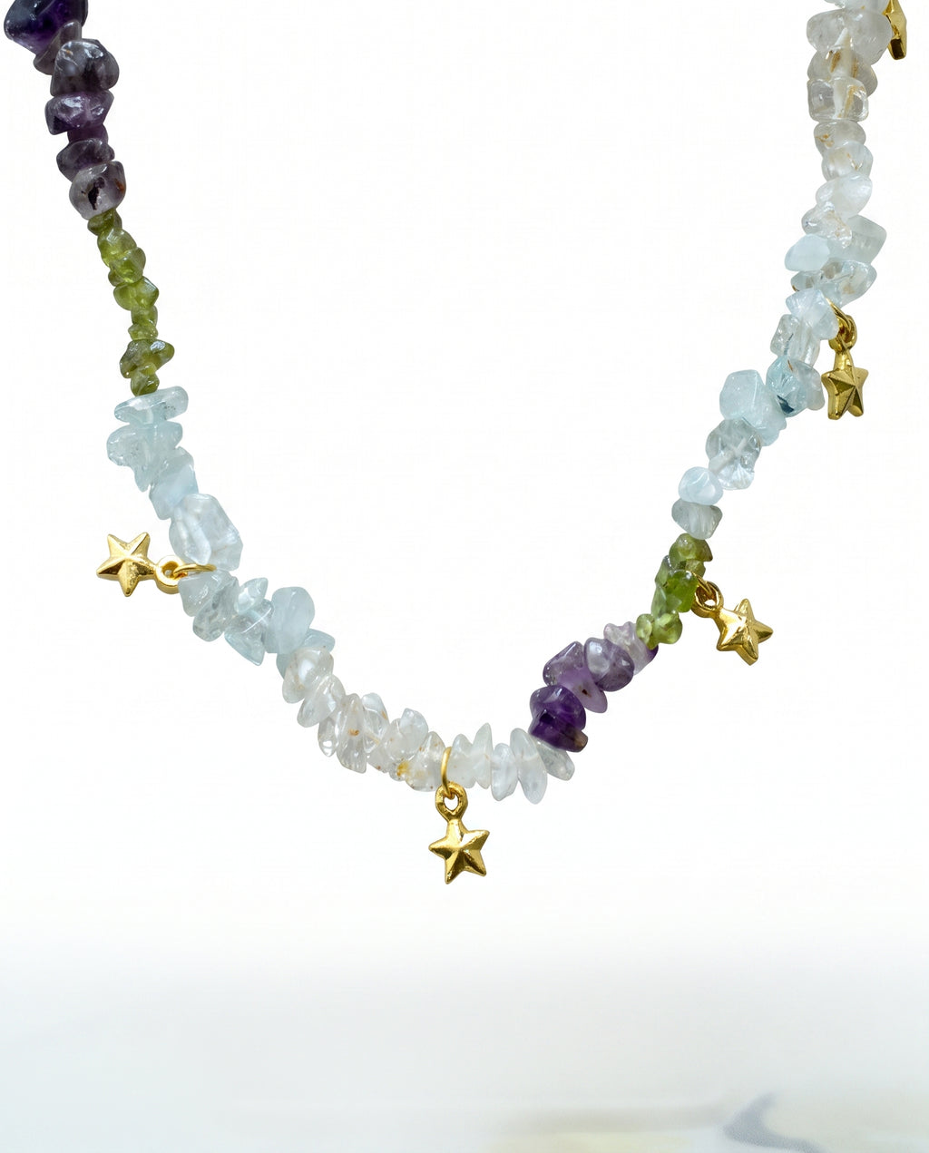 Amethyst 
Aquamarine 
Peridot 
Clear quartz 
Sterling silver 925 gold plated