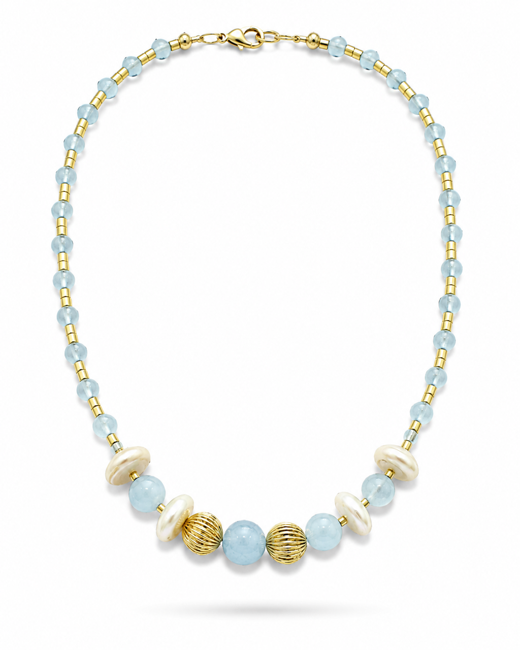 Aquamarine 
Hematite 
Pearl 
Sterling silver 925 gold plated