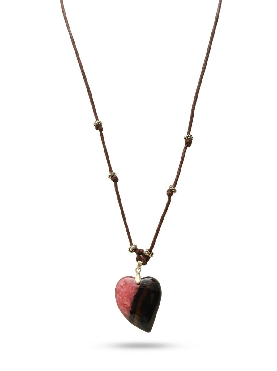 Brown and bink agate heart
Leather cortex 
Sterling silver 925