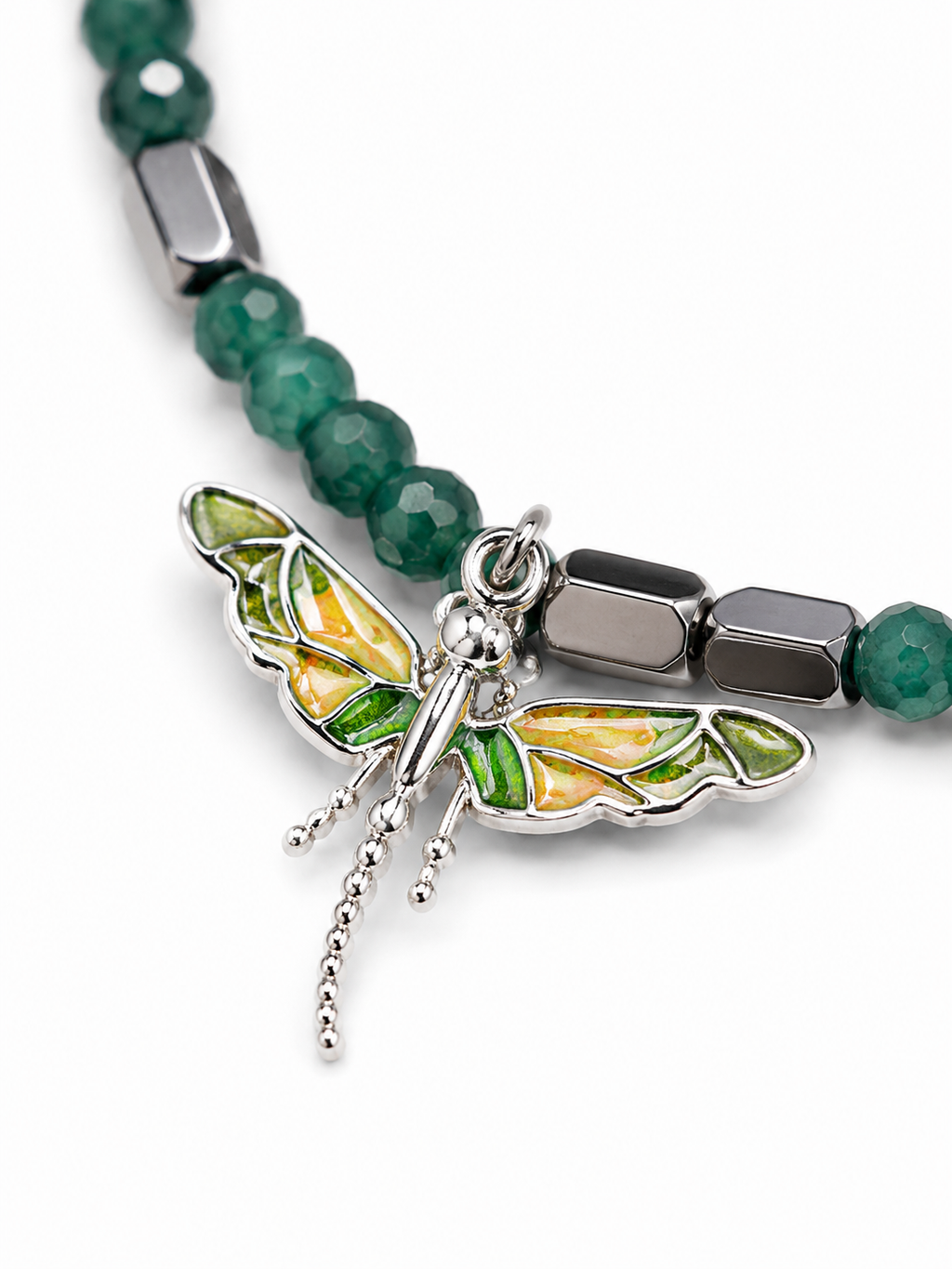 Green jade 
Enamel dragon flay 
Hematite 
Sterling silver 925
