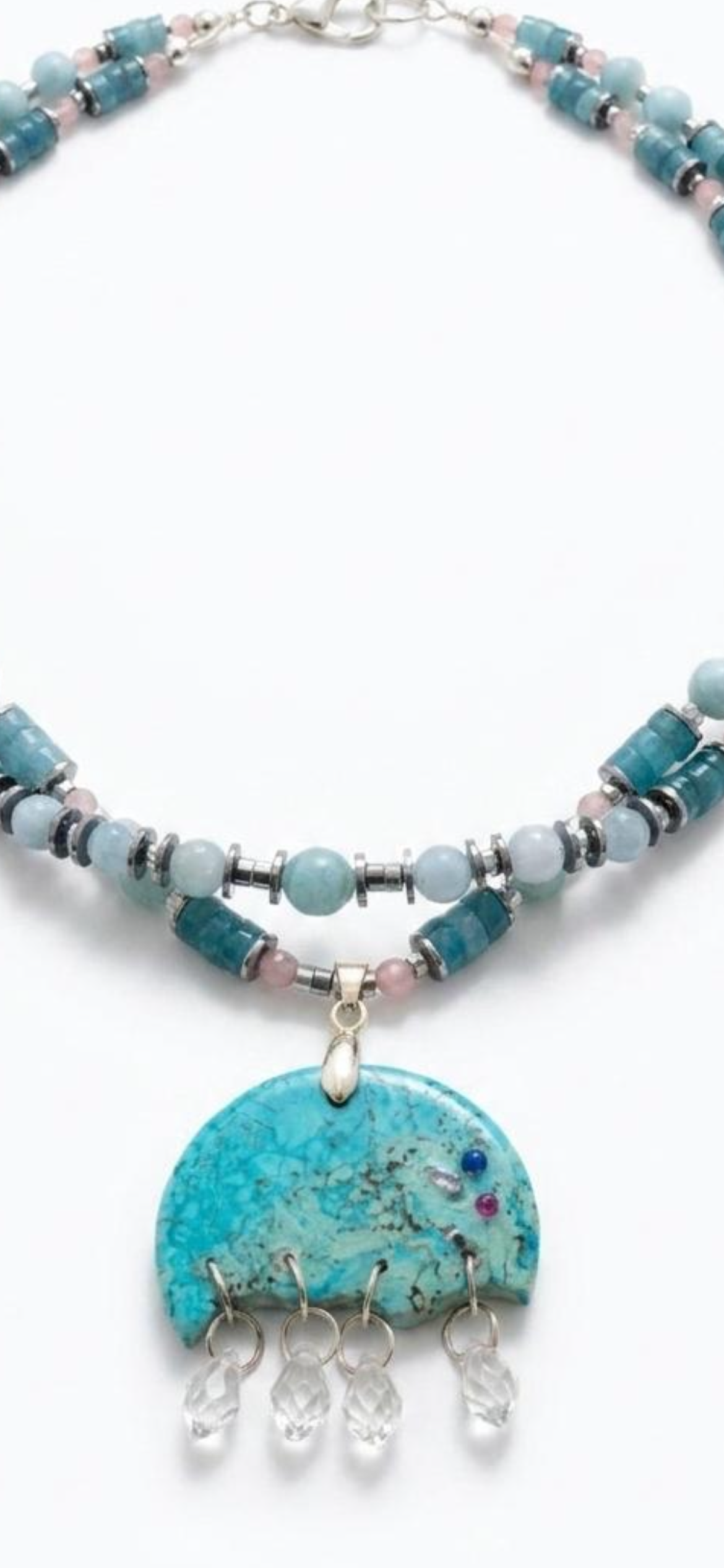 Aquamarine 
Rose quartz 
Amazonite 
Hematite 
Amazonite pendant with crystal 
Sterling silver 925