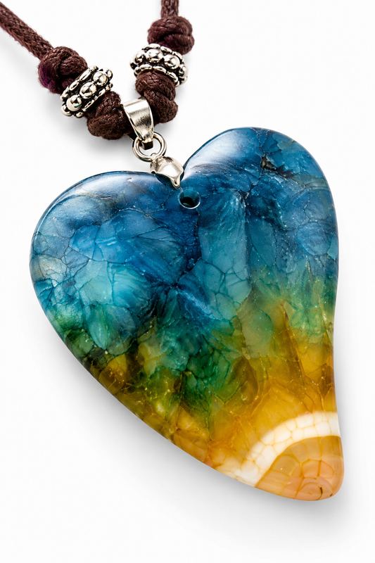 Blue and yellow with white agate heart 
Leather cortex 
Sterling silver 925