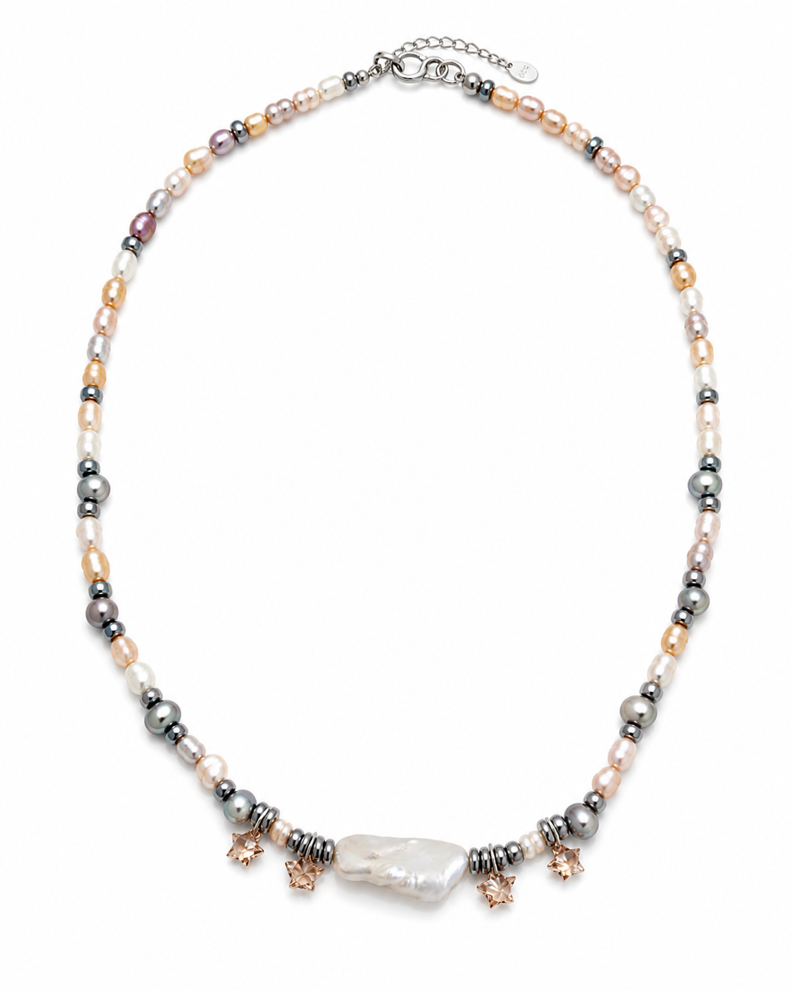 White, Simon and grey pear
Hematite 
Cubic zirconia starts 
Sterling silver 925