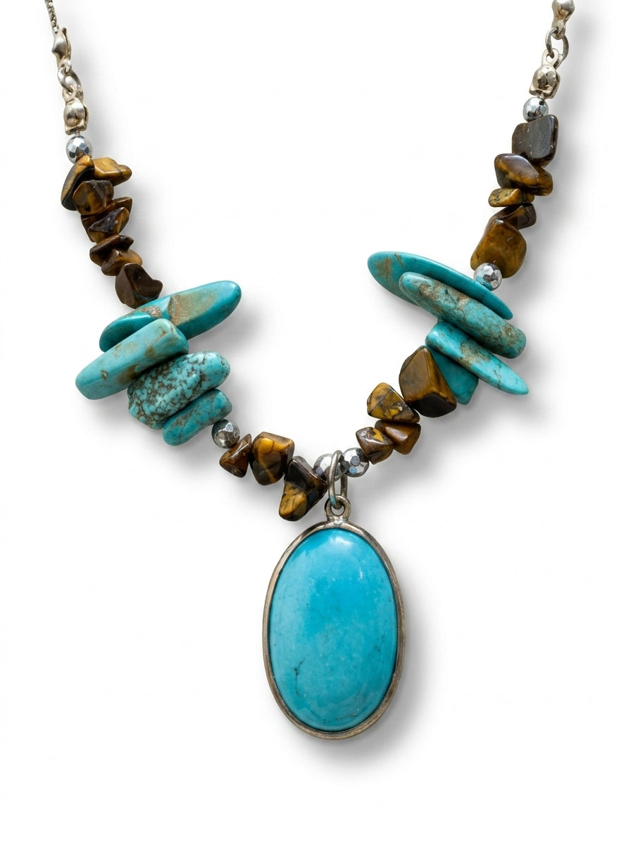 Turquoise pendant 
Tiger aye 
Hematite 
Sterling silver 925