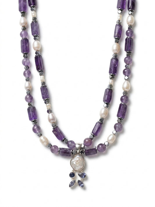 Amethyst 
Pearl 
Hematite 
Sterling silver 925