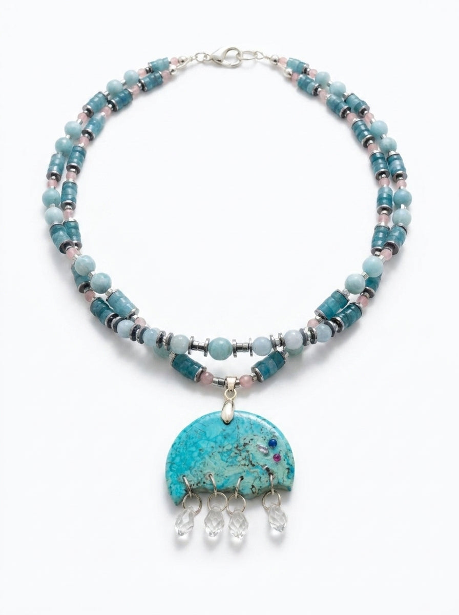 Aquamarine 
Rose quartz 
Amazonite 
Hematite 
Amazonite pendant with crystal 
Sterling silver 925
