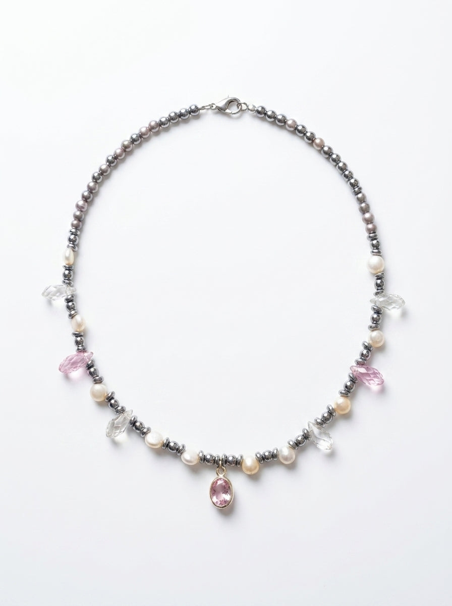 Grey pearl 
White pearl 
Rose and white crystal 
Cubic zirconia pendant 
Sterling silver 925