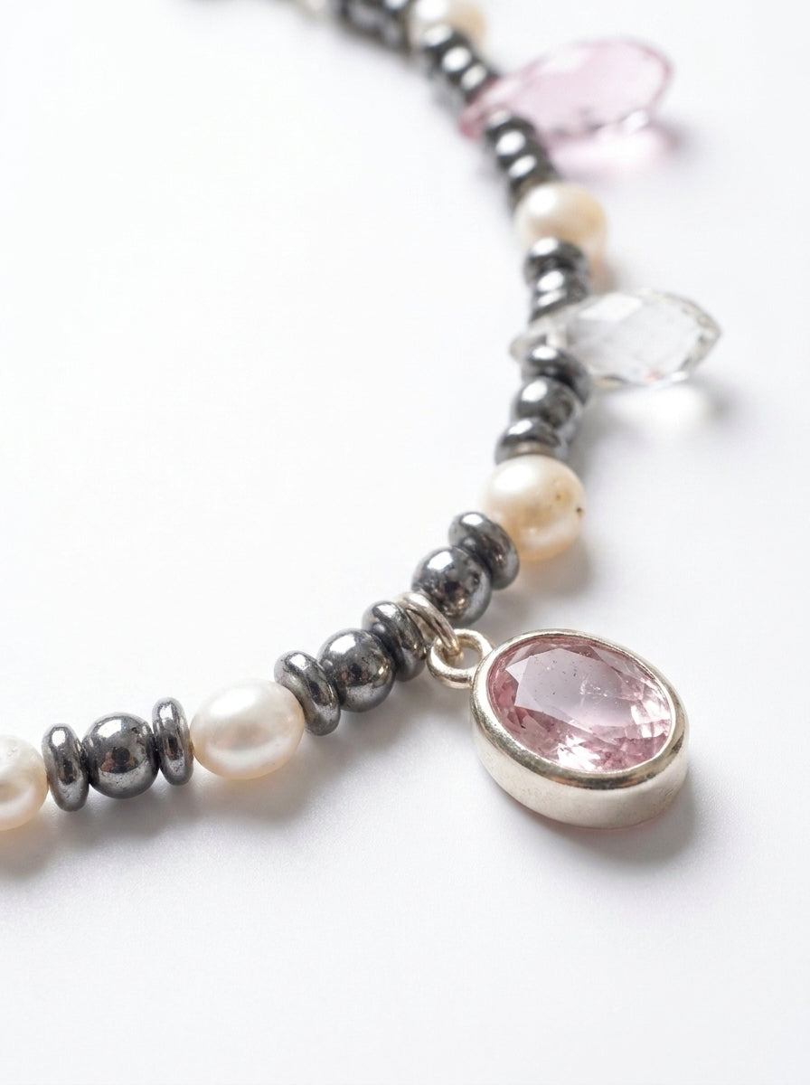 Grey pearl 
White pearl 
Rose and white crystal 
Cubic zirconia pendant 
Sterling silver 925