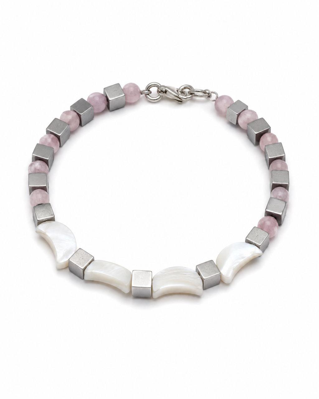 Moonshine 2. 
Mother of pearl 
Hematite 
Rose agate 
Sterling Silver 925
