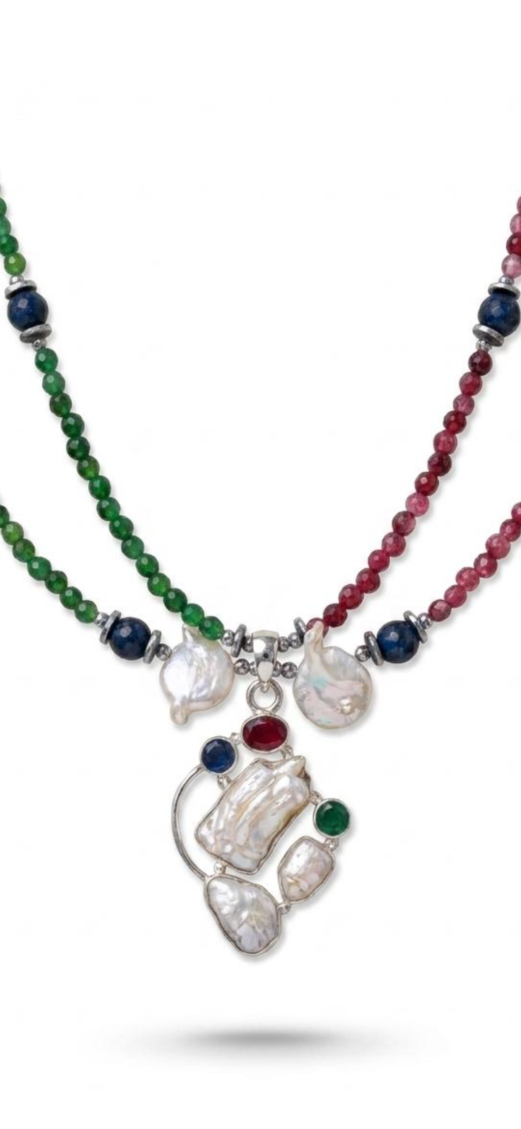 Green,blue and red jade 
Hematite 
Sterling silver 925
Pearl