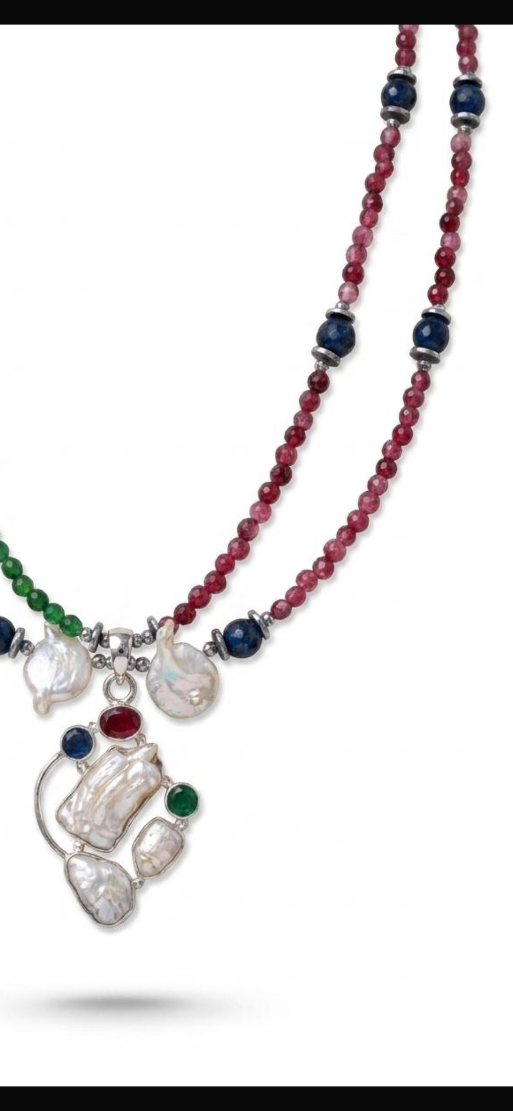 Green,blue and red jade 
Hematite 
Sterling silver 925
Pearl
