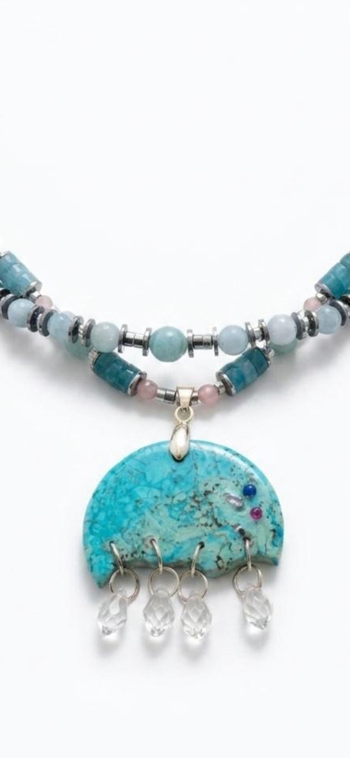 Aquamarine 
Rose quartz 
Amazonite 
Hematite 
Amazonite pendant with crystal 
Sterling silver 925