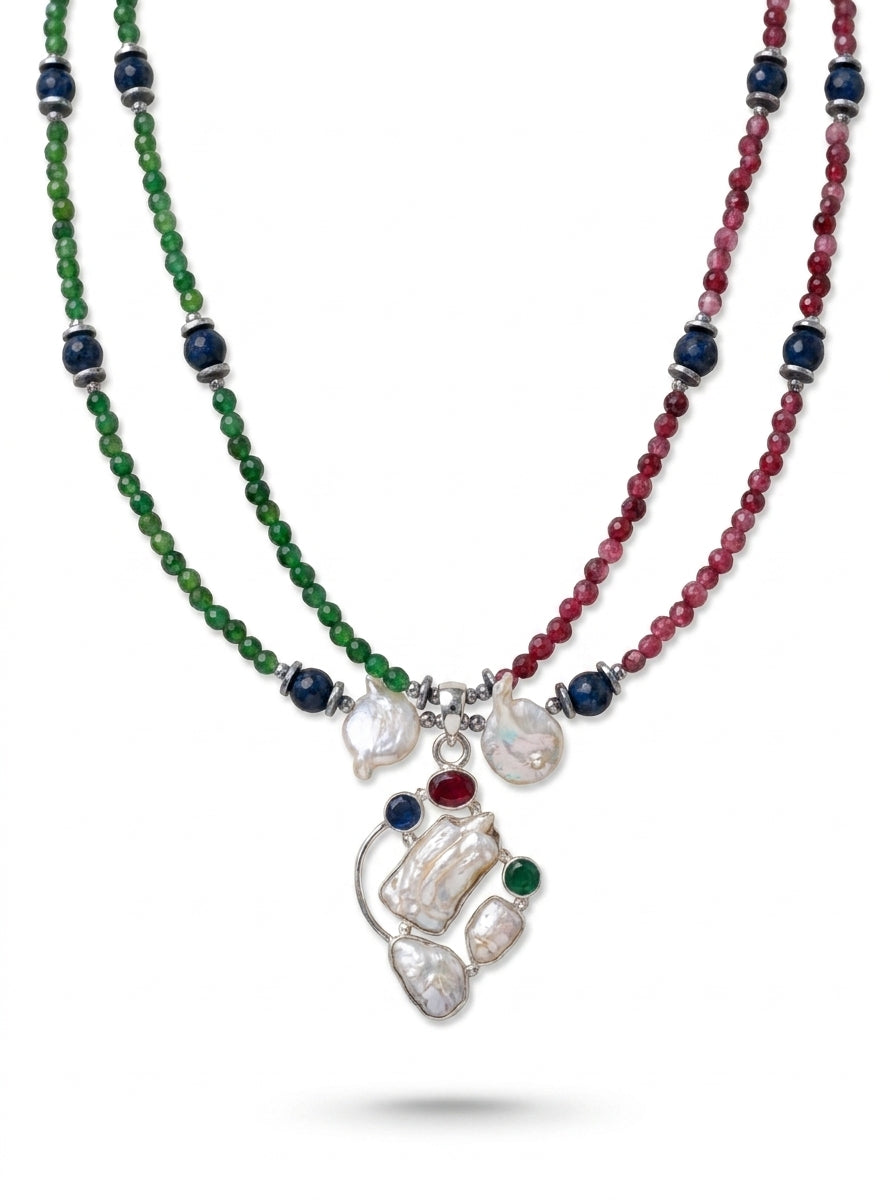 Green,blue and red jade 
Hematite 
Sterling silver 925
Pearl