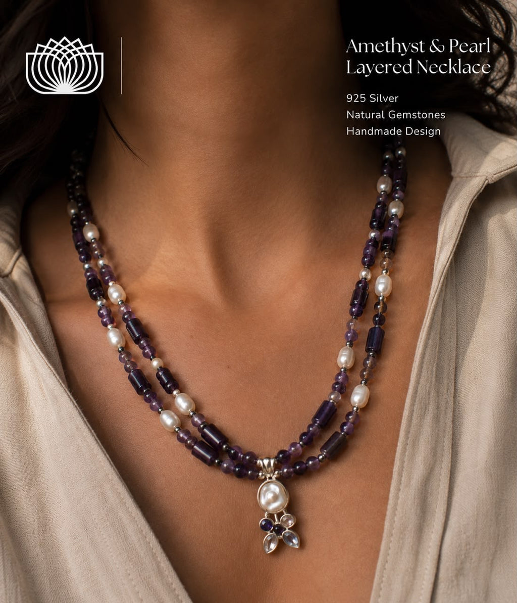 Amethyst 
Pearl 
Hematite 
Sterling silver 925