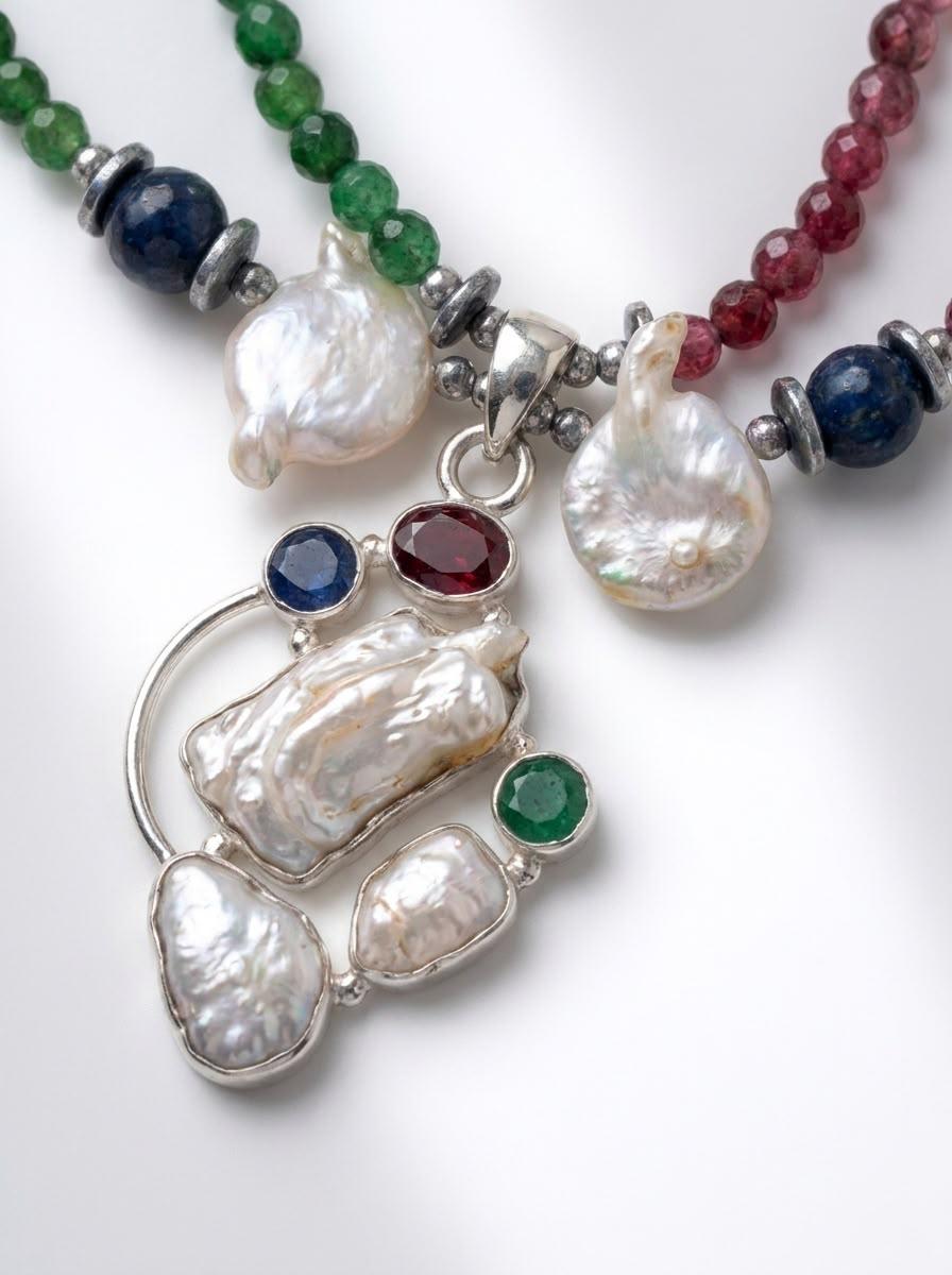 Green,blue and red jade 
Hematite 
Sterling silver 925
Pearl