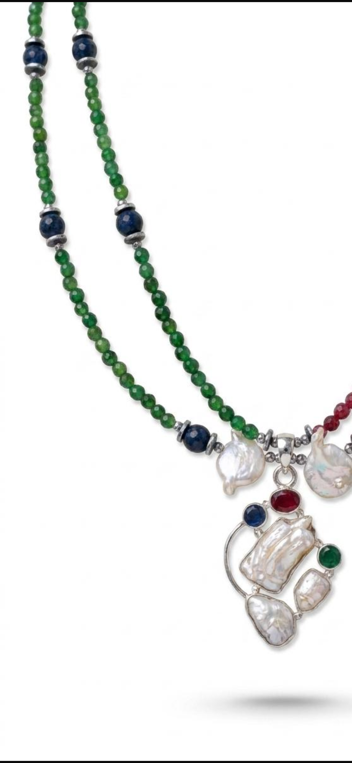 Green,blue and red jade 
Hematite 
Sterling silver 925
Pearl